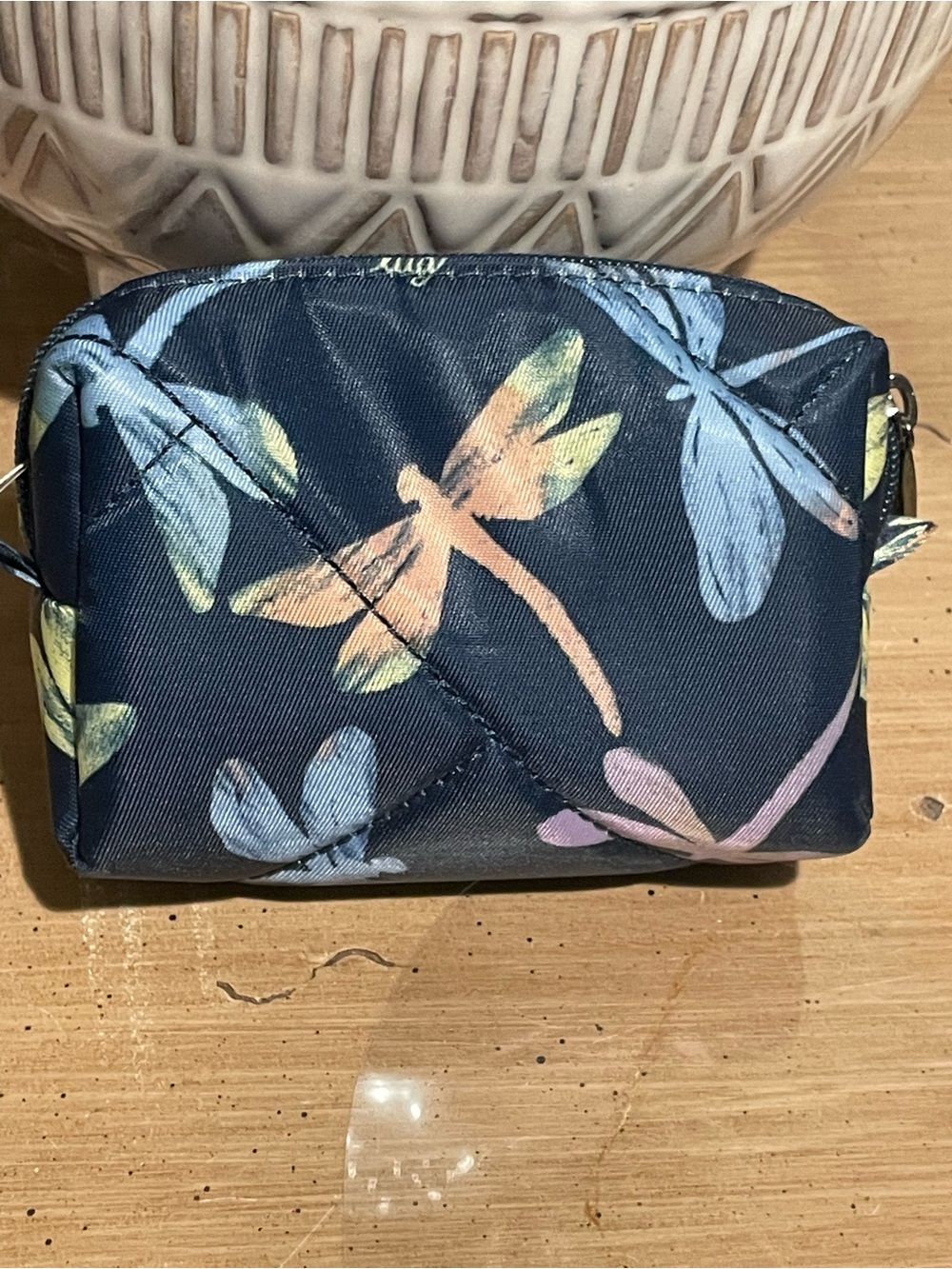 Lug Quilted small pouch coin holder. Navy blue dragonfly print. - Picture 4 of 7